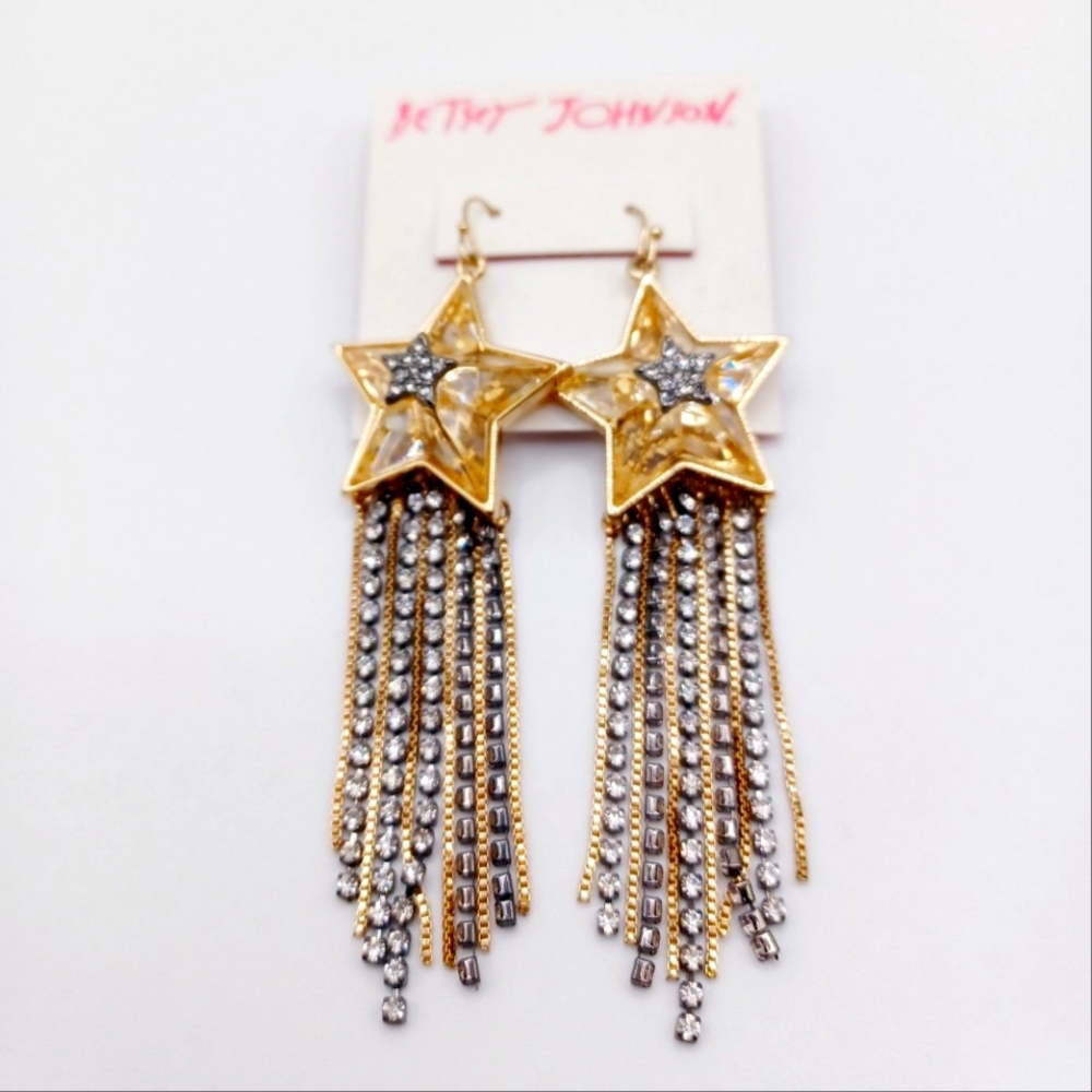 Betsey Johnson Gold Tone Celestial Punk Crystal Star Fringe Rhinestone Earrings
